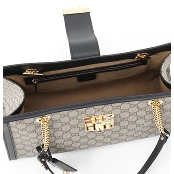 Gucci Shoulder Bag Stripe Canvas Calfskin Leather Beige Black - Picture 2 of 3